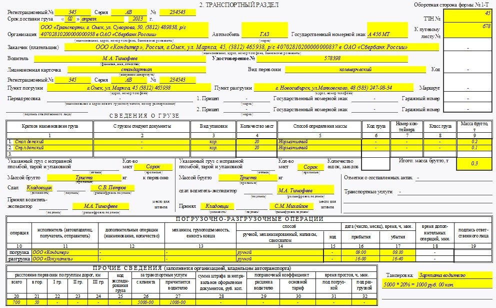 Образец ттн на перевозку груза